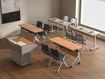 Wooden Conference Tables With Black Office Chairs And Podium In Modern Meeting Room Interior 3d model