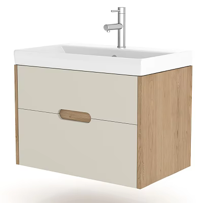 Modern Minimalist Washbasin Vanity With White Countertop Light Colored Cabinet And Wooden Side Panels 3d model