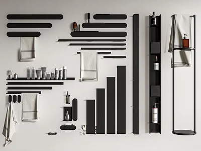 Modern Minimalist Bathroom Accessories Black Towel Racks Wall Mounted Shelves And Toiletries On White Background 3d model