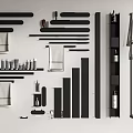 Modern Minimalist Bathroom Accessories Black Towel Racks Wall Mounted Shelves And Toiletries On White Background