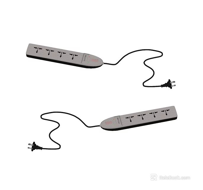 Two Gray Switch Panels With Multiple Outlets And Black Power Cables 3d model