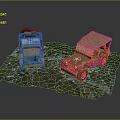 Two Vintage Military Jeep Models In Green And Brown On Rocky Display Base