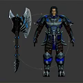Mythical Armored Warrior In Blue Silver Armor With Giant Battle Axe And Blue Accents