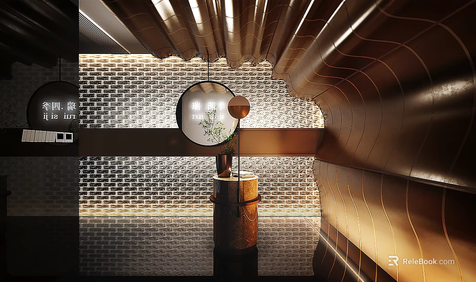 Elegant Modern Store Front Desk With Circular Mirror And Brick Wall Design Elements 3d model 