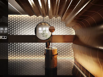 Elegant Modern Store Front Desk With Circular Mirror And Brick Wall Design Elements 3d model