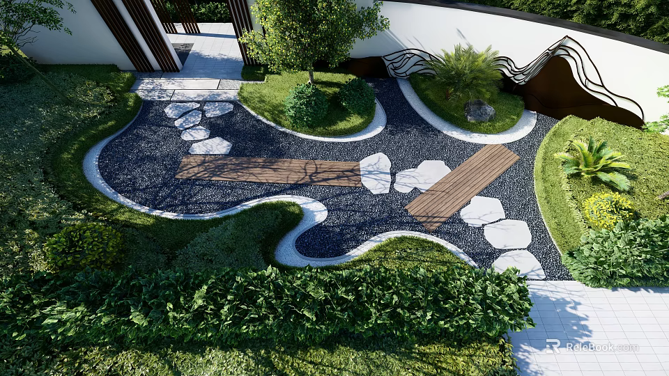 Courtyard Garden Landscape With Stepping Stones Wooden Planks And Lush Green Plants 3d model 