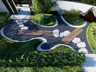 Courtyard Garden Landscape With Stepping Stones Wooden Planks And Lush Green Plants 3d model