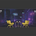 Two Yellow Woven Chairs And Small Round Table In Modern Indoor Setting With Lit Background
