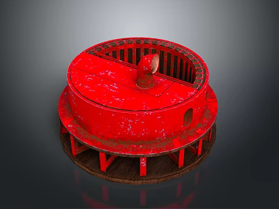Red Circular Vintage Weapon With Rusty Mechanical Structure And Base Stand 3d model