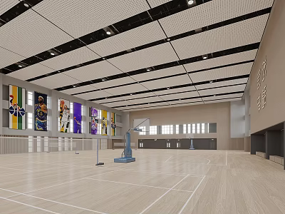 Modern Basketball Gym Open Design With Grid Ceiling Wall Athlete Posters Wooden Floor Basketball Hoop 3d model