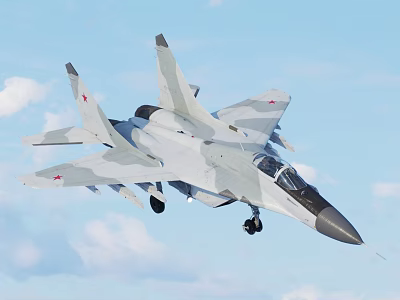 Camouflaged Military Fighter Jet Flying In Blue Sky With Red Star Markings And Landing Gear 3d model