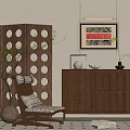 Cozy Living Room Interior With Wooden Divider Rocking Chair Cabinet Artwork And Green Plant
