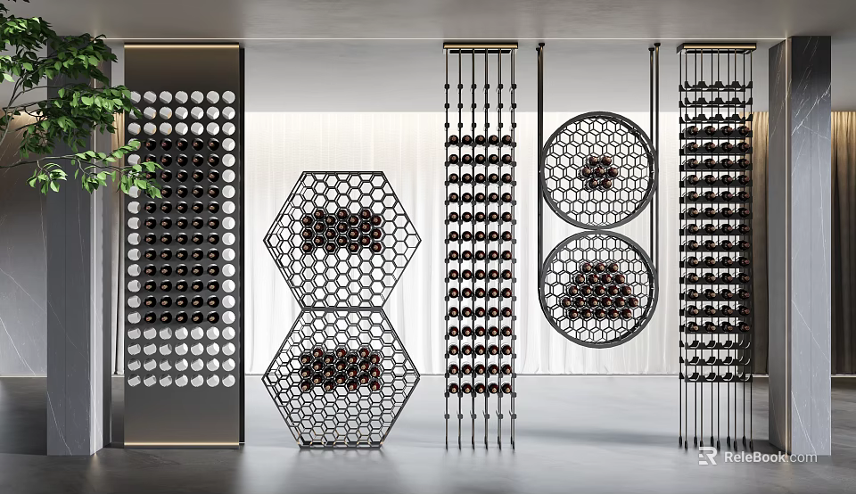 Elegant Modern Wine Cabinet Interior Design With Hexagonal Circular Metal Wine Racks 3d model 