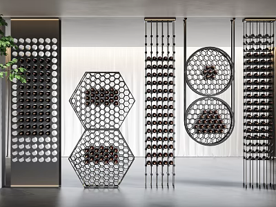 Elegant Modern Wine Cabinet Interior Design With Hexagonal Circular Metal Wine Racks 3d model