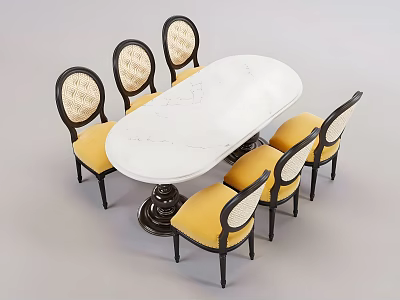 Six Chair Dining Table Set With Oval White Marble Top Wicker Backrests And Yellow Cushions 3d model