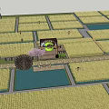 Scenic Rice Field Landscape With Cherry Blossom Tree Green Cottage Archway And Windmill