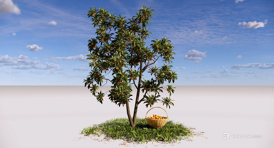 Arbor Tree With Fresh Fruits And Wicker Basket On Green Grass Under Blue Sky 3d model 