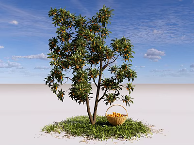 Arbor Tree With Fresh Fruits And Wicker Basket On Green Grass Under Blue Sky 3d model
