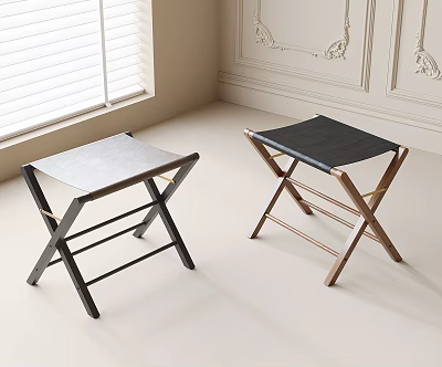 Black And Wooden Folding Stools In Modern Interior With Natural Light 3d model