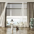 Beige Curtains With Sheer Panels And Blinds For Room With Lake View Wooden Floor