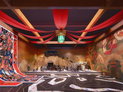 Traditional Interior With Red Drapes Wooden Beams Green Lantern And Mural Paintings Intricate Floor Patterns 3d model