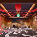 Traditional Interior With Red Drapes Wooden Beams Green Lantern And Mural Paintings Intricate Floor Patterns