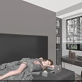 Woman Lying On Sofa Bed With Patterned Blanket Next To Laptop And Grey Cabinets