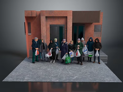 Group of People Standing in Front of Red Brick Building Holding Shopping Bags 3d model