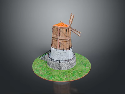 Detailed Windmill Model Featuring Wooden Tower Blades Stone Wall And Green Grass Base 3d model