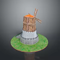 Detailed Windmill Model Featuring Wooden Tower Blades Stone Wall And Green Grass Base