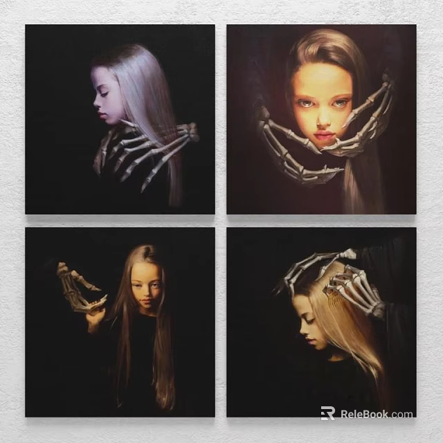 Set Of Surreal Figure Paintings With Women And Skeleton Hands Artwork 3d model 