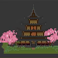 Cartoon Scene Of Japanese Multilayer Tower With Black Roof Pink Cherry Blossoms And Green Grass