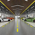 Luxury Car Showroom Featuring Modern Design With Various Sports Cars And Yellow Center Lane