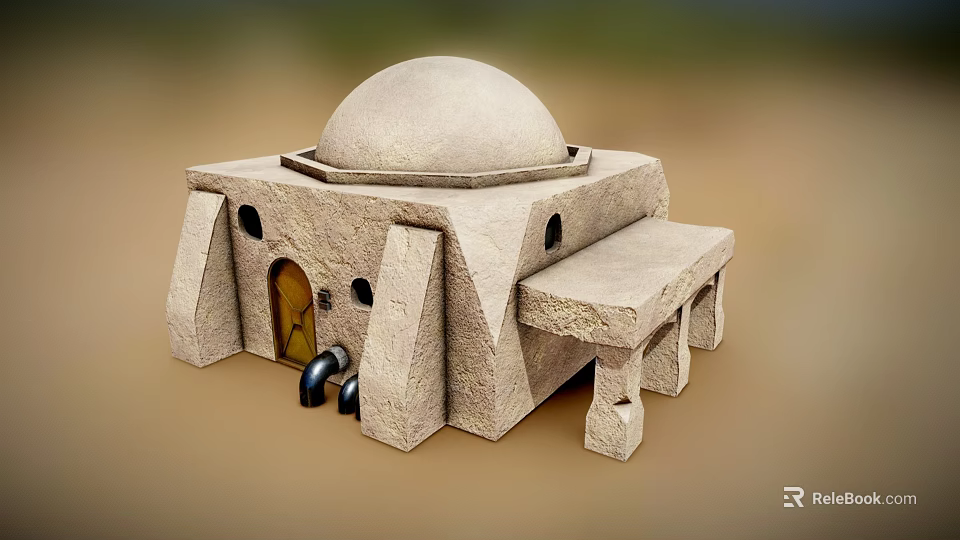 Whimsical Cartoon Stone Building Scene With Dome Square Structure Bench Door And Windows 3d model 