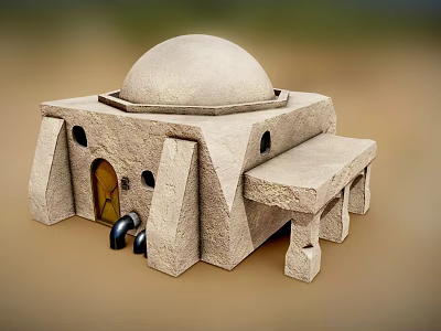 Whimsical Cartoon Stone Building Scene With Dome Square Structure Bench Door And Windows 3d model