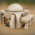 Whimsical Cartoon Stone Building Scene With Dome Square Structure Bench Door And Windows