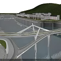 Contemporary Landscape Bridge Over Scenic River With Surrounding Buildings And Green Hills