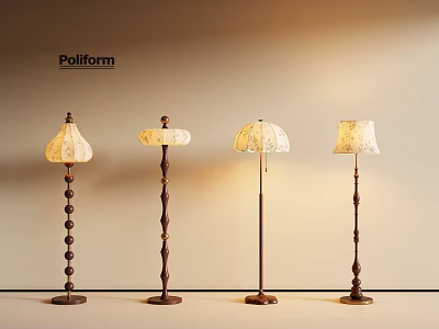 Vintage Style Floor Lamps With Wooden Poles And Patterned Shades For Warm Lighting 3d model