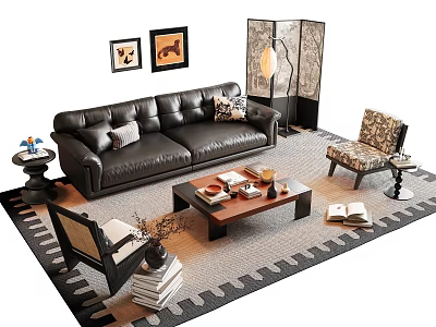 Black Leather Sofa and Wooden Coffee Table Set with Throw Pillows Armchairs and Floor Lamp 3d model