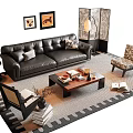 Black Leather Sofa and Wooden Coffee Table Set with Throw Pillows Armchairs and Floor Lamp