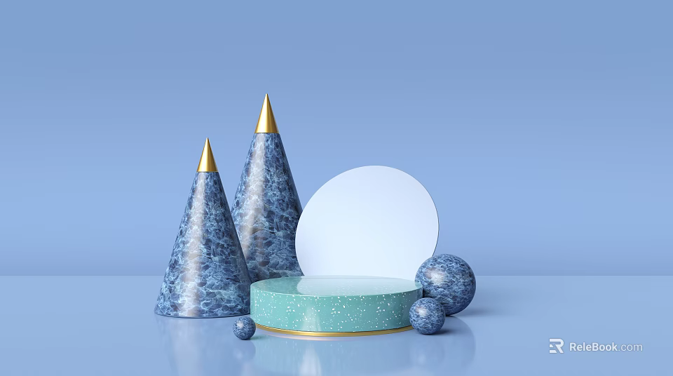 Modern Commercial Equipment Display With Cones Gold Tips Green Base White Platform Blue Spheres 3d model 
