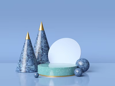 Modern Commercial Equipment Display With Cones Gold Tips Green Base White Platform Blue Spheres 3d model