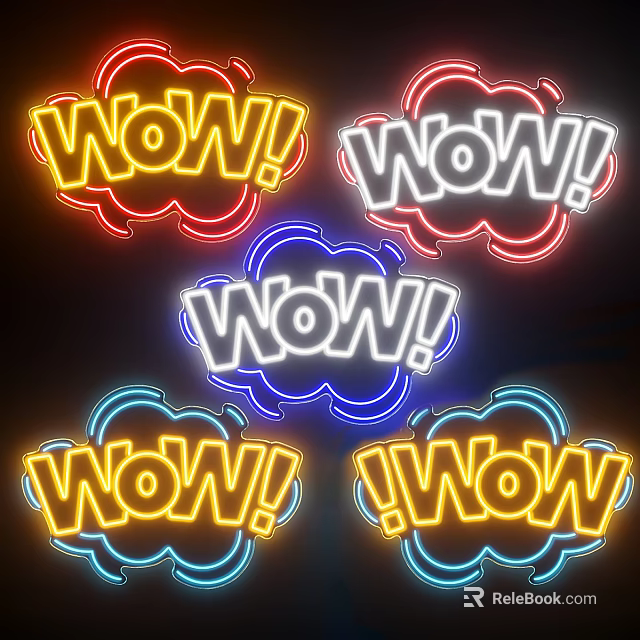 Multiple Colorful Neon Decorative Lights with Glowing Wow Lettering for Party Decoration 3d model 