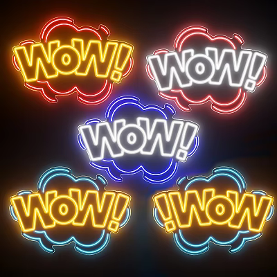 Multiple Colorful Neon Decorative Lights with Glowing Wow Lettering for Party Decoration 3d model