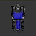 Blue And Black Farm Tractor With Large Wheels Enclosed Cabin And Metallic Body