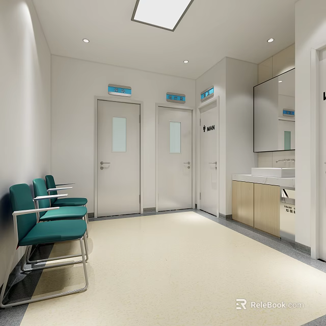 Public Restroom With Modern Design Clean Interior Green Benches Washbasins And Mirrors 3d model 