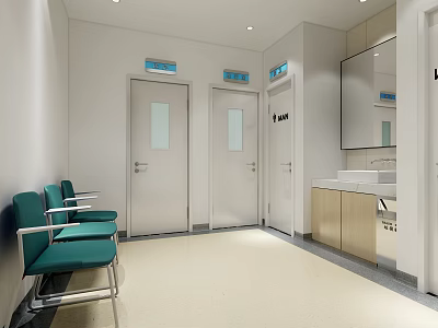 Public Restroom With Modern Design Clean Interior Green Benches Washbasins And Mirrors 3d model