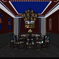 Chinese Style Private Dining Room With Red Walls Blue Ceiling And Round Table 3d model