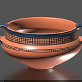 Coral Ceramic Bowl With Blue Rim Grid Pattern And Two Handles 3d model