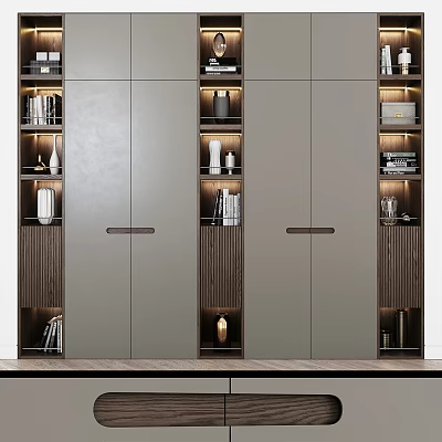 Modern Bookcase Design With Open Shelves Closed Cabinets And LED Strip Lighting 3d model